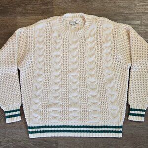 American Eagle Tipped Cable Knit Sweater Women's Size Medium Cream Green Stripes